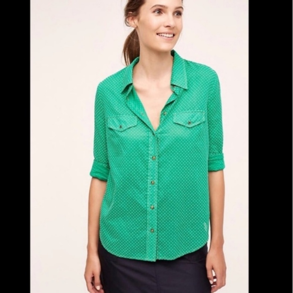 Anthropologie Maeve Green Polkadot blouse